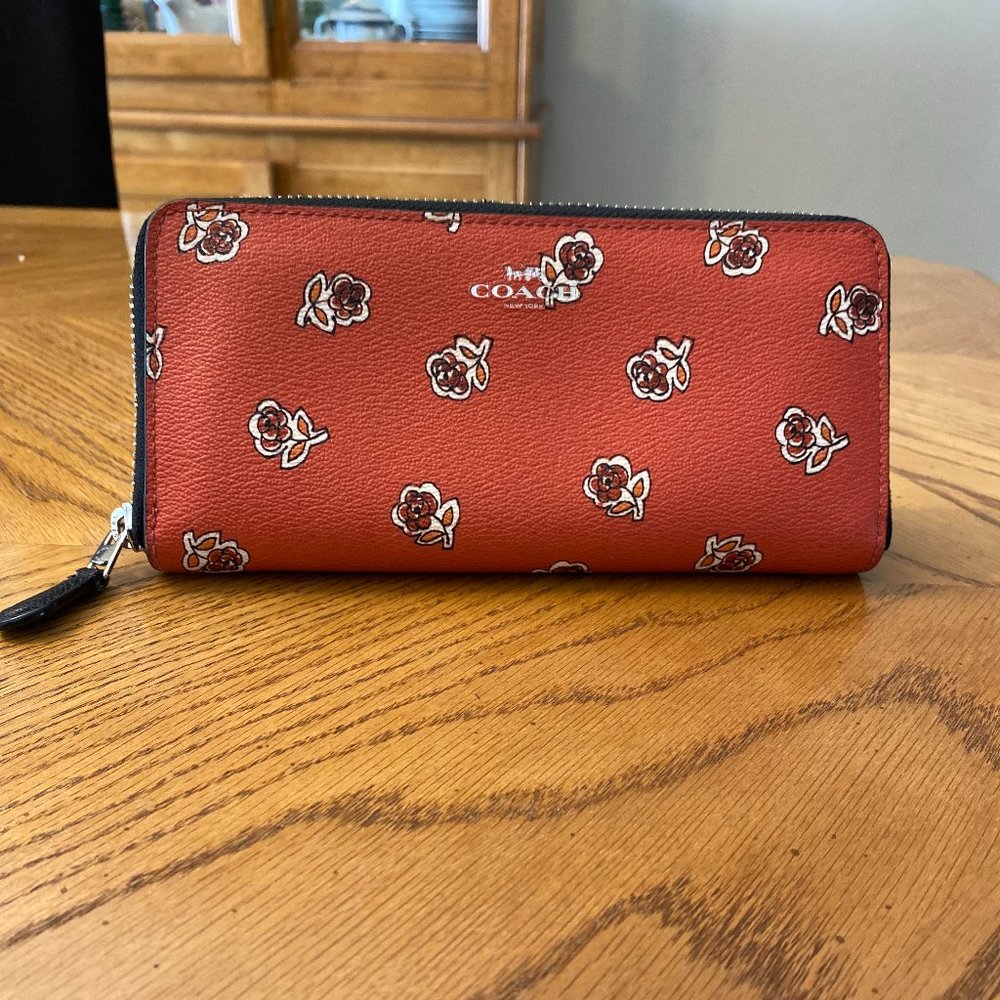 Coach Slim Accordion Zip In Sienna Rose Rose Print Canvas Wallet